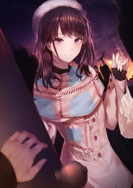 Anime picture 2150x3035 with idolmaster idolmaster shiny colors kazano hiori hplay (kyoshinou) long hair tall image looking at viewer blush fringe highres smile brown hair standing purple eyes holding payot outdoors long sleeves fingernails night