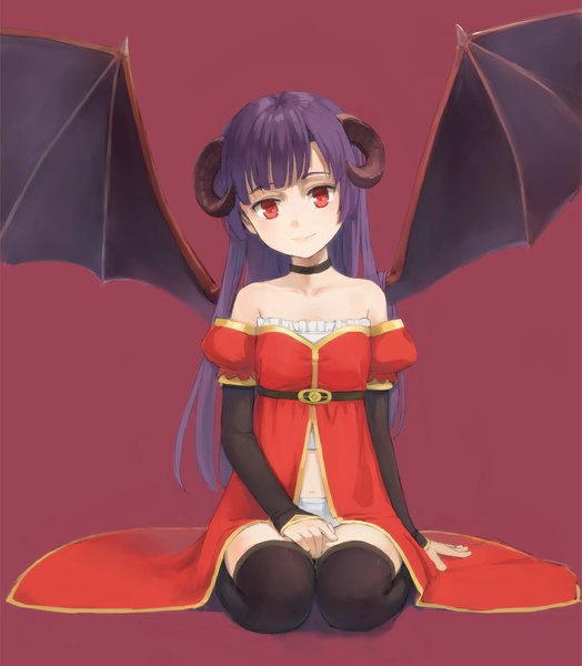 Anime picture 960x1100 with original kuroko (piii) single long hair tall image simple background red eyes sitting bare shoulders purple hair horn (horns) demon girl red background demon wings girl thighhighs navel black thighhighs wings choker