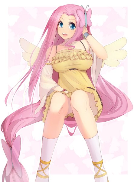 Anime picture 1275x1725 with my little pony fluttershy magister (medical whiskey) single tall image looking at viewer highres breasts open mouth blue eyes simple background large breasts white background sitting bare shoulders very long hair adjusting hair makeup knees touching personification