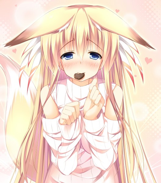 Anime picture 1054x1200 with original nozomi tsubame single long hair tall image blush blue eyes blonde hair animal ears animal tail fox girl valentine girl detached sleeves food heart sweets sweater chocolate