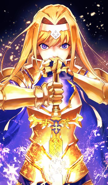 Anime picture 2894x4939 with sword art online a-1 pictures alice zuberg karasuro single long hair tall image looking at viewer fringe highres blonde hair standing purple eyes holding arms up covered mouth serious girl weapon sword