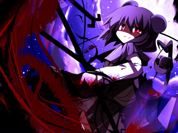 Anime picture 1333x1000 with touhou nazrin poppuru single fringe short hair hair between eyes red eyes animal ears tail grey hair shaded face mouse ears mouse tail girl pendant blood basket mouse