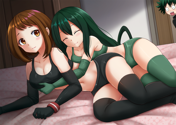 Anime picture 1200x848 with boku no hero academia studio bones uraraka ochako asui tsuyu midoriya izuku kazenokaze long hair blush fringe short hair breasts open mouth light erotic hair between eyes brown hair large breasts multiple girls brown eyes cleavage bent knee (knees)