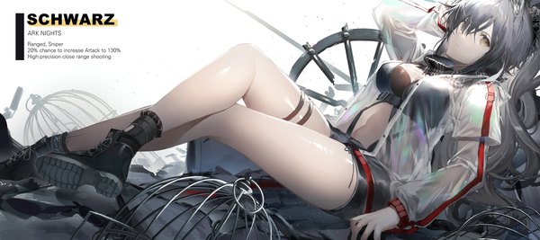 Anime picture 4579x2040 with arknights schwarz (arknights) hatachi8p single long hair looking at viewer fringe highres hair between eyes wide image yellow eyes absurdres full body ponytail grey hair bare legs copyright name legs character names crossed legs