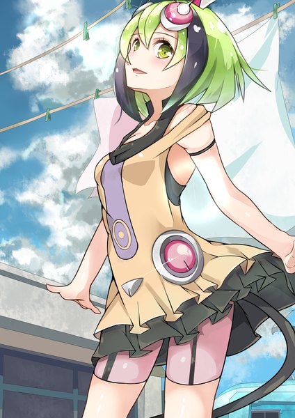 Anime picture 2480x3507 with dimension w yurizaki mira kuroya single tall image looking at viewer blush fringe highres short hair open mouth smile hair between eyes green eyes sky purple hair cloud (clouds) tail multicolored hair green hair