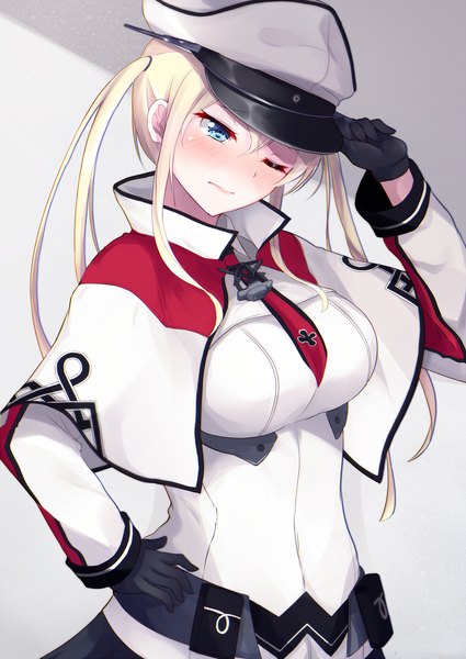 Anime picture 859x1214 with kantai collection graf zeppelin (kantai collection) igayan single long hair tall image blush fringe breasts blue eyes simple background blonde hair large breasts twintails looking away head tilt one eye closed arm up grey background shadow