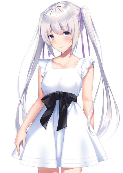 Anime picture 694x980 with original caburi cat single long hair tall image blush fringe breasts blue eyes simple background smile standing white background twintails payot silver hair blunt bangs light smile sleeveless girl