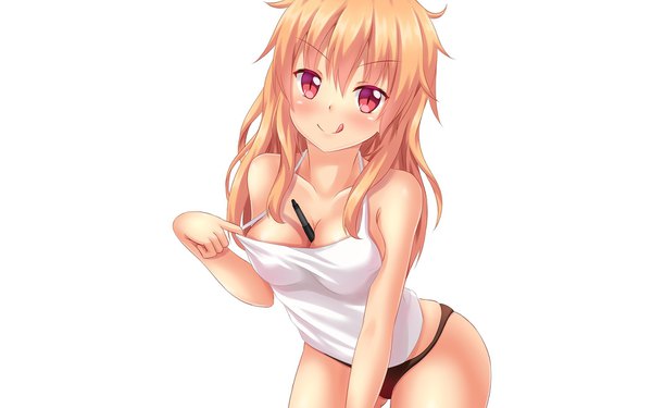 Anime picture 1920x1200 with original tiffy nottytiffy single long hair looking at viewer blush highres breasts light erotic simple background blonde hair red eyes large breasts white background leaning leaning forward slit pupils between breasts :q