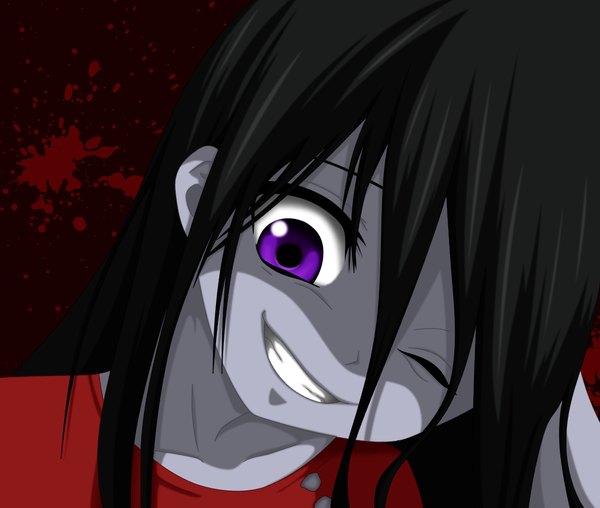 イラスト 1000x847 と コープスパーティー sachiko (corpse party) flowerinhell ソロ 長髪 黒髪 simple background 笑顔 紫目 teeth zombie 女の子 ドレス 子 (子供) corpse