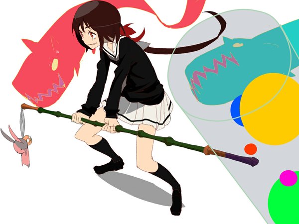 Anime picture 1000x750 with kyousogiga toei animation koto (kyousougiga) short hair open mouth black hair smile brown eyes looking away ponytail no shoes girl uniform bow weapon hair bow school uniform socks black socks dragon
