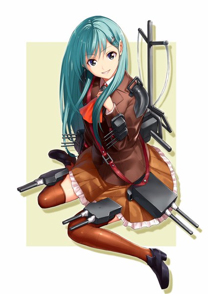 Anime picture 800x1129 with kantai collection suzuya heavy cruiser takemori shintarou single long hair tall image fringe simple background smile sitting full body head tilt from above aqua hair wariza girl thighhighs uniform school uniform hairclip