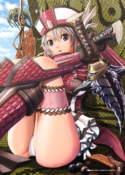 Anime picture 1144x1600 with monster hunter rioduo (armor) v-mag single tall image short hair light erotic grey hair grey eyes pantyshot sitting girl gloves underwear panties weapon hat sword armor