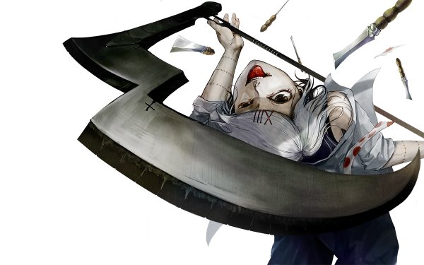Anime picture 1200x750 with tokyo ghoul studio pierrot suzuya juuzou tagme (artist) single short hair open mouth standing bare shoulders holding white hair open clothes teeth open shirt crazy broken weapon boy hair ornament weapon shirt