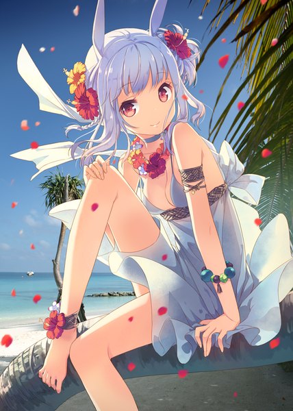 Anime picture 744x1044 with dj max suee h2so4 single long hair tall image looking at viewer red eyes bare shoulders animal ears blue hair hair flower beach girl dress hair ornament flower (flowers) plant (plants) petals tree (trees)