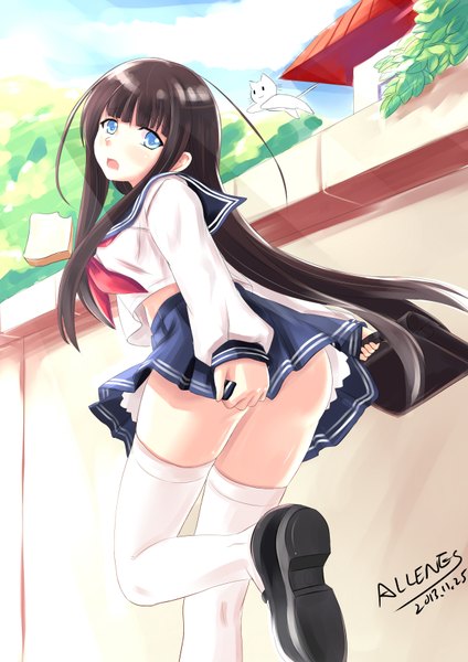 Anime picture 2480x3507 with original allenes single long hair tall image blush highres open mouth blue eyes light erotic black hair signed girl thighhighs skirt uniform school uniform animal white thighhighs cat