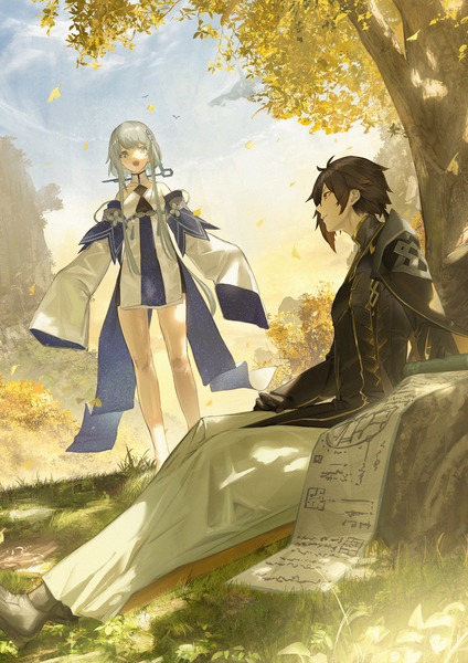 Anime-Bild 2480x3508 mit genshin impact zhongli (genshin impact) guizhong (genshin impact) gyoukan (jfxc) long hair tall image highres open mouth brown hair standing sitting outdoors :d profile grey hair bare legs grey eyes low ponytail against tree girl