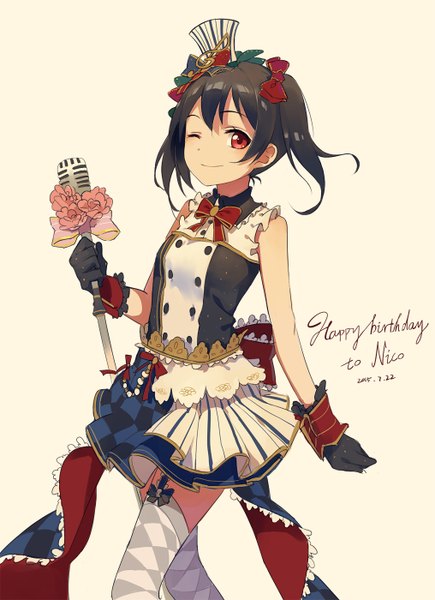 Anime picture 1015x1400 with love live! school idol project sunrise (studio) love live! yazawa nico huanxiang heitu single long hair tall image looking at viewer fringe black hair smile red eyes twintails holding one eye closed wink inscription character names dated