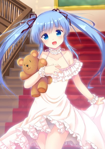 Anime picture 1000x1414 with original koge niku (kogeniku-203812) single long hair tall image fringe open mouth blue eyes twintails bare shoulders holding blue hair bare legs happy running girl dress ribbon (ribbons) hair ribbon white dress