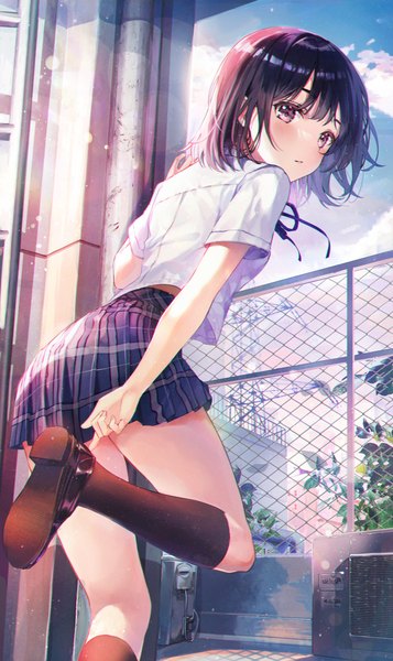 Anime picture 3065x5150 with original eumi 114 single tall image looking at viewer blush fringe highres short hair black hair standing purple eyes absurdres sky cloud (clouds) bent knee (knees) outdoors pleated skirt looking back wind