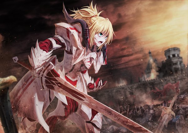 Anime picture 4961x3508 with fate (series) fate/grand order fate/apocrypha mordred (fate) bae.c single long hair fringe highres open mouth blonde hair hair between eyes standing holding payot looking away absurdres sky cloud (clouds) ponytail