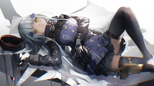 Anime picture 1920x1080 with girls frontline hk416 (girls frontline) miya-ki (miya key) single long hair looking at viewer fringe highres wide image green eyes payot silver hair lying blunt bangs parted lips from above on back facial mark hat removed headwear removed