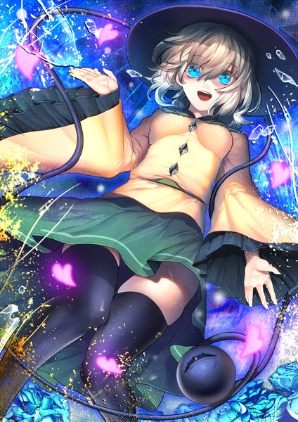 Anime picture 652x922 with touhou komeiji koishi tsukimoto aoi single tall image looking at viewer short hair open mouth blue eyes grey hair wide sleeves from below girl thighhighs black thighhighs hat heart eyeball