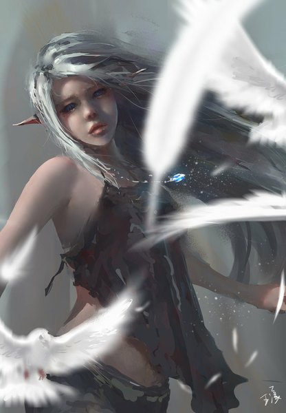 Anime picture 800x1153 with ghost blade yan (ghost blade) wlop long hair tall image looking at viewer blue eyes simple background bare shoulders signed lips pointy ears grey hair girl animal bird (birds) feather (feathers) pigeon locket