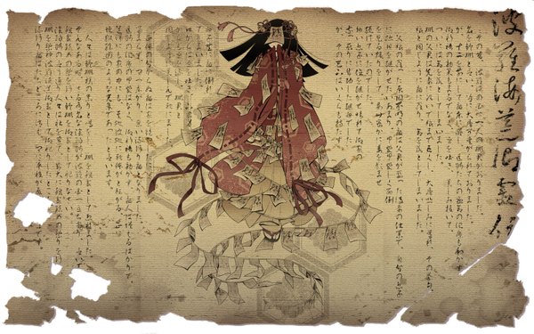 Anime picture 1600x1000 with original pd-x single long hair black hair wide image japanese clothes hieroglyph framed girl ribbon (ribbons) kimono