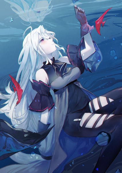 Anime picture 1302x1842 with arknights skadi (arknights) bkko single long hair tall image blush fringe breasts hair between eyes red eyes bare shoulders silver hair bent knee (knees) parted lips arm up outstretched arm reflection looking up underwater
