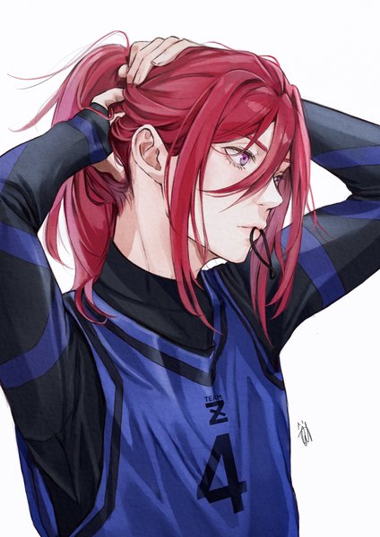 Anime picture 2328x3294 with blue lock chigiri hyoma 0cat single long hair tall image fringe highres simple background hair between eyes white background purple eyes looking away upper body red hair adjusting hair tying hair hair tie in mouth boy uniform
