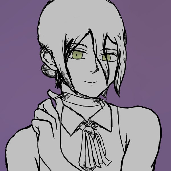 Anime picture 1600x1600 with chainsaw man mappa reze (chainsaw man) darksone single looking at viewer fringe short hair simple background smile hair between eyes bare shoulders green eyes upper body monochrome purple background sketch spot color poorly drawn girl