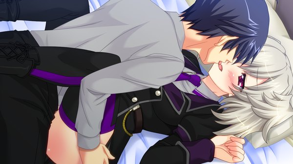 Anime picture 1280x720 with kessen! blush short hair light erotic black hair red eyes wide image game cg silver hair kiss french kiss girl thighhighs boy black thighhighs