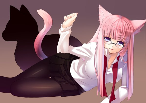 Anime picture 3035x2149 with vocaloid secret (vocaloid) megurine luka nana mikoto long hair highres blue eyes simple background animal ears pink hair absurdres animal tail cat ears shadow cat tail girl shirt glasses cat