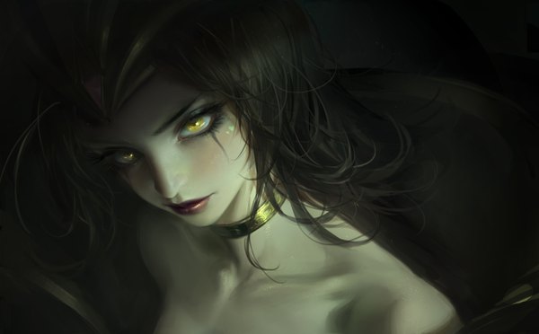 Anime-Bild 8264x5129 mit league of legends emilia leblanc flute (artist) single long hair looking at viewer blush fringe highres wide image bare shoulders yellow eyes absurdres upper body green hair from above realistic lipstick eyebrows makeup