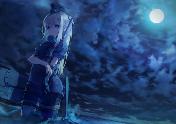 Anime picture 3850x2721 with kantai collection u-511 submarine katoroku single long hair fringe highres blue eyes blonde hair hair between eyes looking away absurdres cloud (clouds) night puffy sleeves night sky torn clothes wet clothes glow mecha musume