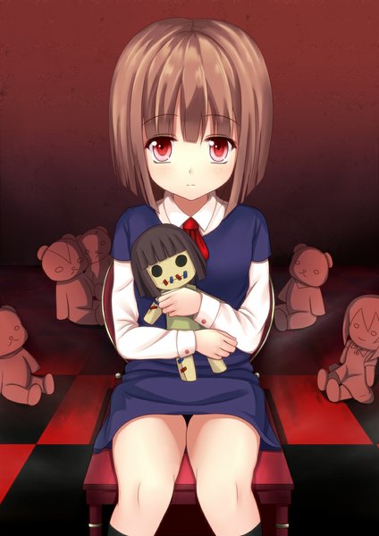 Anime picture 808x1142 with beatmania megimegyo single tall image looking at viewer blush short hair red eyes brown hair sitting holding checkered floor floor girl dress toy stuffed animal stuffed toy doll (dolls) stitches