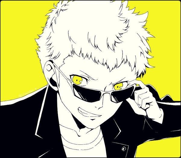 イラスト 800x701 と ペルソナ5 persona 坂本竜司 すみうた ソロ カメラ目線 短い髪 simple background 笑顔 黄色眼 grin monochrome face yellow background adjusting sunglasses 男性 サングラス