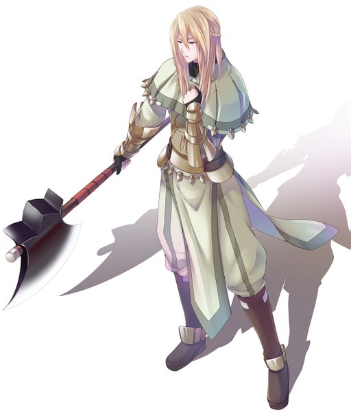 Anime picture 1111x1300 with fire emblem fire emblem awakening nintendo ribera (fire emblem) single long hair tall image fringe simple background standing white background braid (braids) shadow boy weapon boots armor thigh boots axe