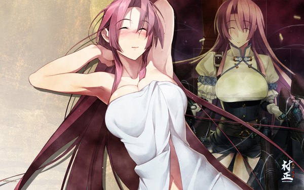 Anime picture 1920x1200 with full metal daemon muramasa nitroplus long hair highres breasts light erotic wide image large breasts pink hair eyes closed arms behind head naked towel girl towel