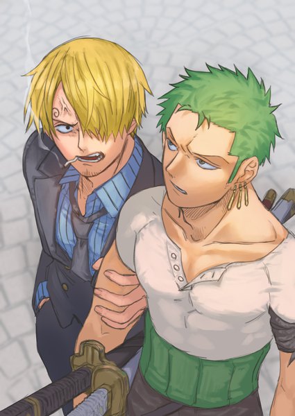 Anime picture 2508x3541 with one piece toei animation roronoa zoro sanji 4myaku1 tall image fringe highres short hair blonde hair green hair from above hair over one eye multiple boys piercing ear piercing smoke sheathed smoking arm grab