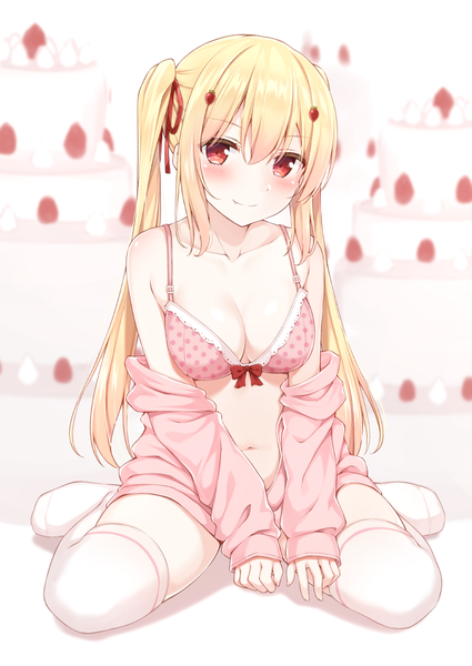 Anime picture 752x1062 with original karutamo single long hair tall image looking at viewer blush fringe breasts light erotic blonde hair smile hair between eyes red eyes sitting twintails bare shoulders payot cleavage full body