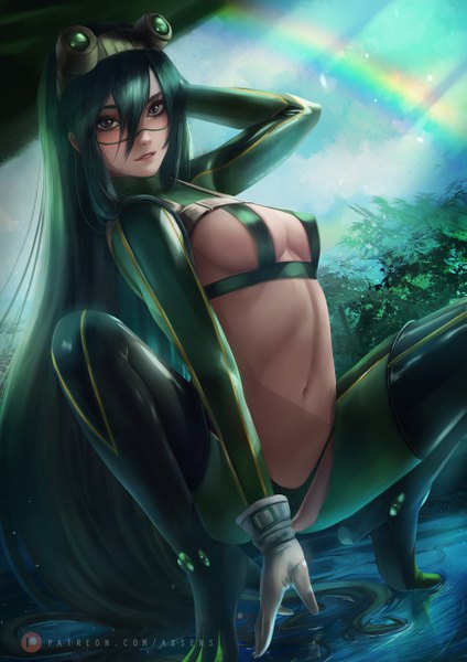 Anime picture 3532x5000 with boku no hero academia studio bones asui tsuyu axsen single tall image looking at viewer blush fringe highres breasts light erotic hair between eyes green eyes absurdres sky cloud (clouds) outdoors very long hair parted lips