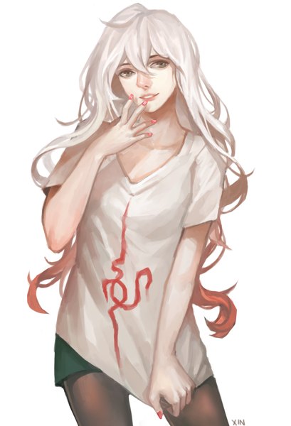 Anime picture 1024x1502 with dangan ronpa original moostachu single long hair tall image simple background smile white background green eyes white hair red hair nail polish multicolored hair two-tone hair teeth covering cosplay hand to mouth legwear under shorts