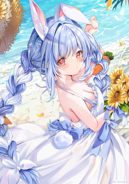 Anime picture 1240x1771 with virtual youtuber hololive usada pekora hinahino single long hair tall image breasts red eyes animal ears blue hair cleavage tail braid (braids) animal tail multicolored hair from above two-tone hair bunny ears beach