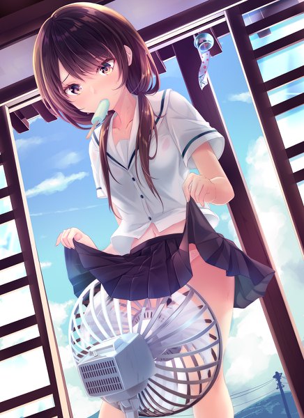 Anime picture 872x1200 with original haruka natsuki single long hair tall image fringe light erotic brown hair standing twintails holding brown eyes sky cloud (clouds) pleated skirt short sleeves midriff dutch angle mouth hold low twintails