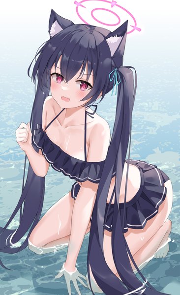 Anime picture 1219x2000 with blue archive serika (blue archive) serika (swimsuit) (blue archive) serika single tall image looking at viewer blush fringe light erotic black hair hair between eyes red eyes twintails animal ears very long hair partially submerged official alternate costume girl swimsuit