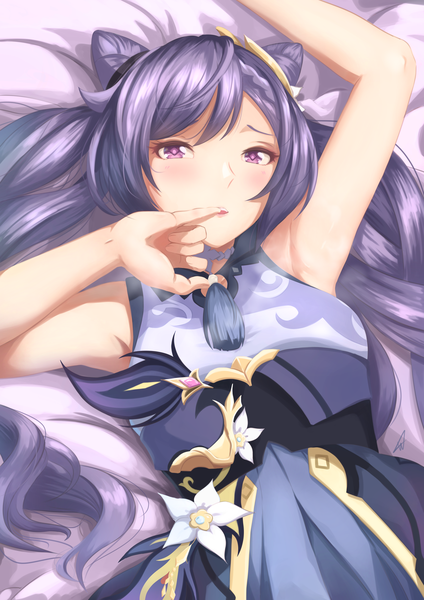 Anime picture 2481x3507 with genshin impact keqing (genshin impact) blander mc single long hair tall image looking at viewer blush fringe highres breasts purple eyes payot purple hair lying arm up armpit (armpits) on back hair bun (hair buns) finger to mouth