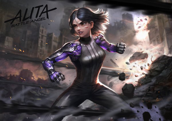 Anime picture 1500x1061 with battle angel alita gally tracy zhao single short hair black hair standing brown eyes signed looking away outdoors lips realistic copyright name city cityscape fighting stance injury destruction mechanical arms