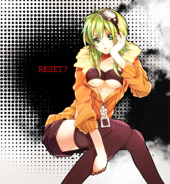 Anime picture 1024x1105 with vocaloid gumi fish (artist) single tall image fringe short hair breasts light erotic sitting green eyes nail polish green hair :o alternate costume knees touching girl thighhighs jacket shorts