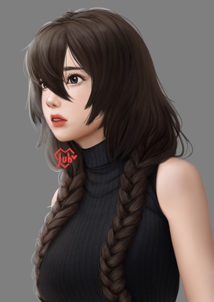 Anime picture 1240x1754 with original jubi (regiana) single long hair tall image fringe breasts simple background hair between eyes brown hair signed looking away braid (braids) parted lips black eyes realistic grey background lipstick twin braids red lipstick